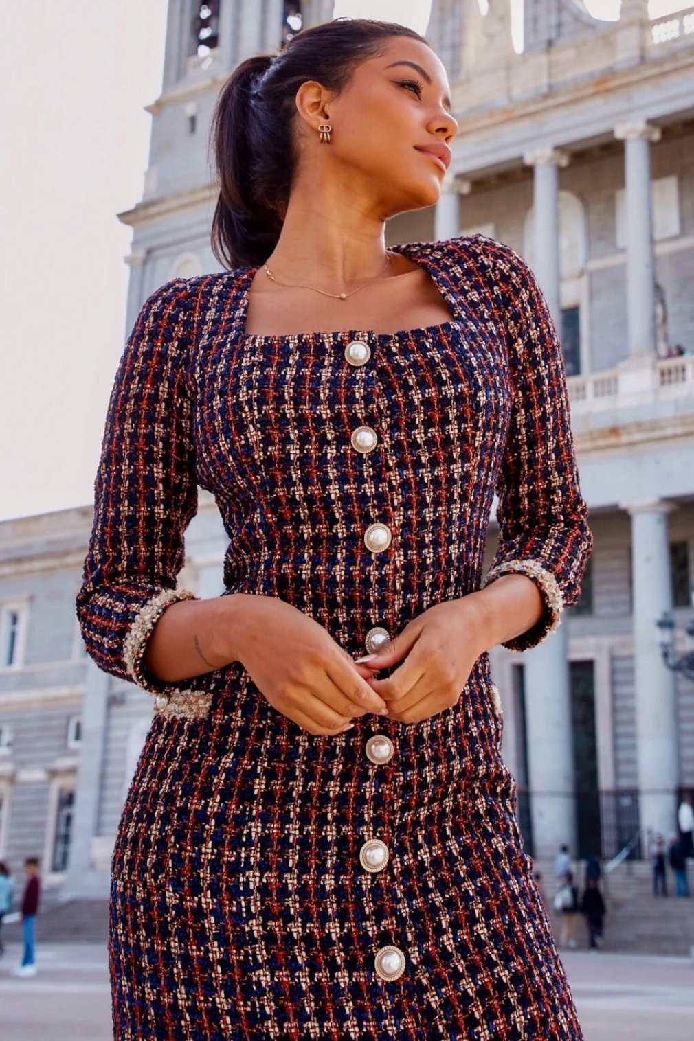 Square Neck Tweed Midi Dress